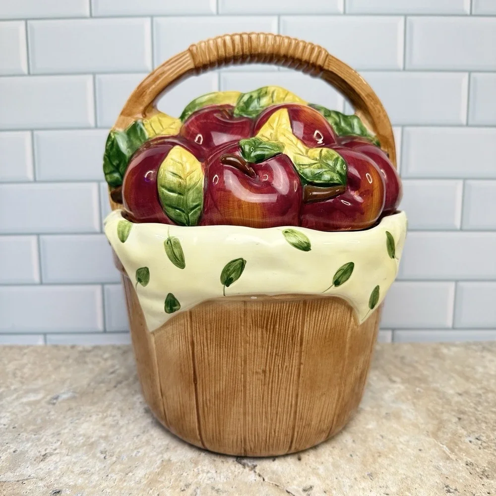 Vintage Cooks Club Porcelain Apple Basket Cookie Jar Collectible